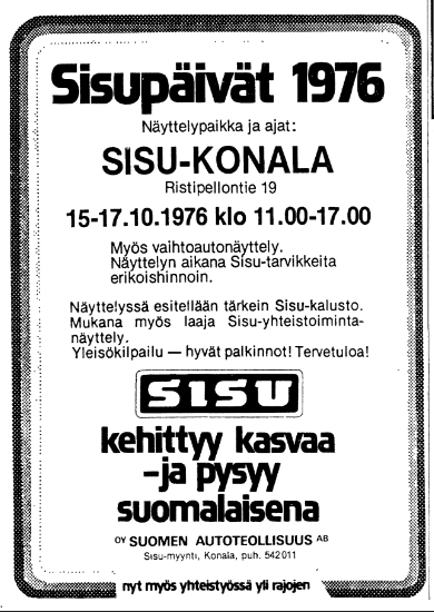 Sisu Auton mainos vuodelta 1976. Konalan hallin avajaiset.