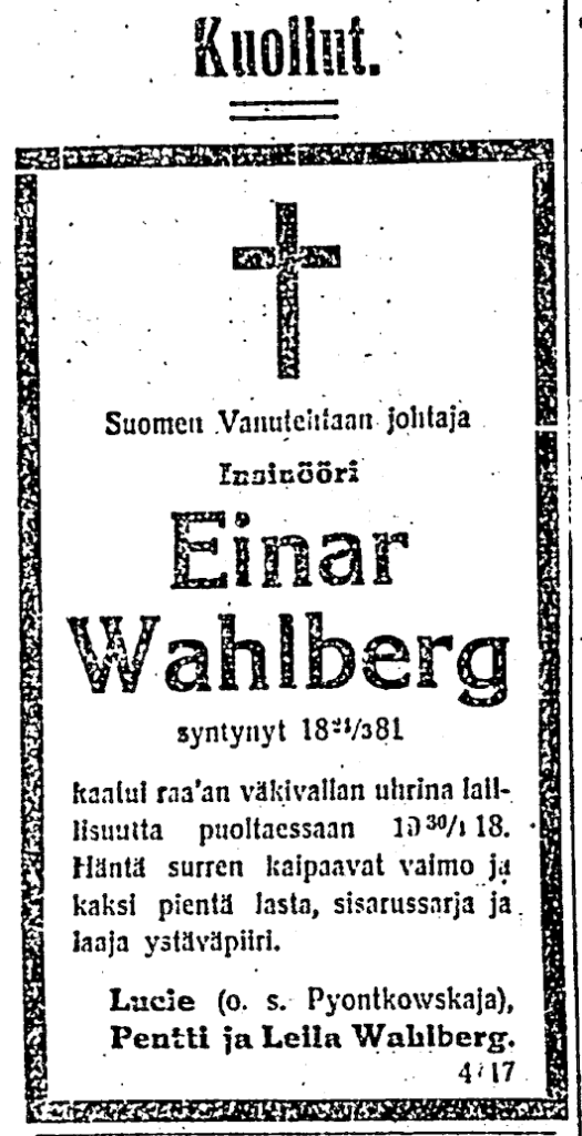 helsingin sanomat 13.5.1918 einar wahlberg kuolinilmoitus